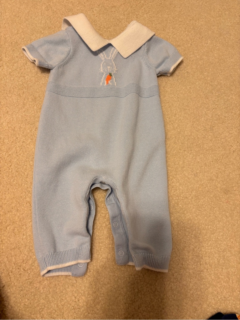 Janie and Jack Bunny Classic Light Blue Knit Baby One-Piece with White Collar